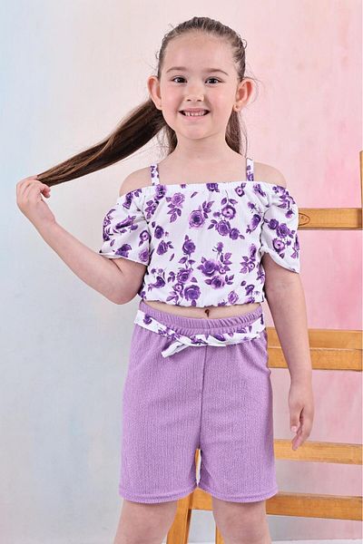TRENDİMİZBİR Shoulder Open Flower Patterned Girl's Summer 2-Piece Set – Lilac
