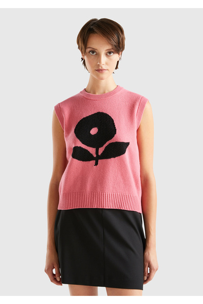 United Colors of Benetton Women's Dusty Rose Wool Blended Floral Patterned Sw...