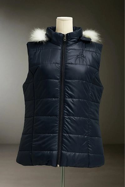 FATELLA Girl's Plain Single Navy Blue Color Hooded Front Zipper Basic Thin Inflatable Filling Vest