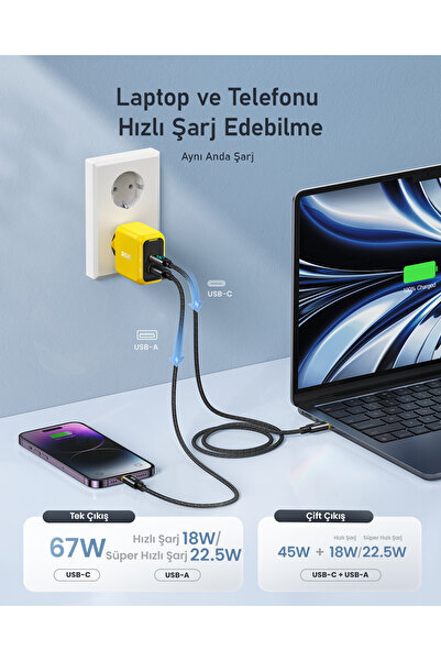 Aohi Magcube 67W 2 Portlu Şarj Adaptörü, 140W 1m PD 3.1 480Mbps Süper Hızlı Şarj/Data Kablosu Seti