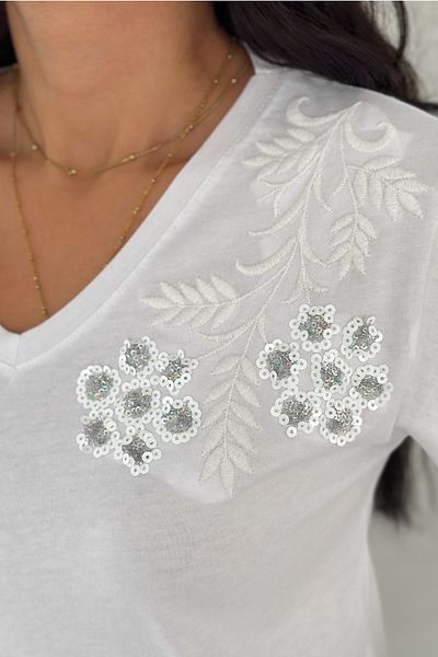 FEMELLE Tricou alb pentru femei, cu decolteu în V, cu paiete și broderie, 100% bumbac