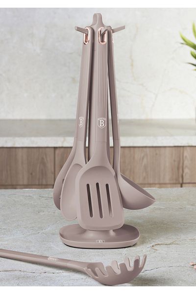 Berlinger Haus Kitchen Utensil Set With Rotating Stand 6 Pcs Taupe Collection Utensils Dishwasher Safe
