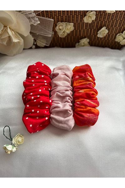 MELA ROSSA Hair Clip Red Patterned Powder Colored 3-Piece Fabric Elastic Hair Clip