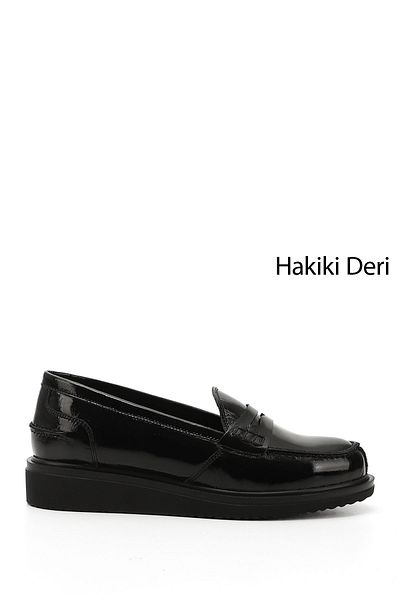 GÖNDERİ(R) Women's Black Patent Leather Wedge Sole Genuine Leather Loafer Shoes