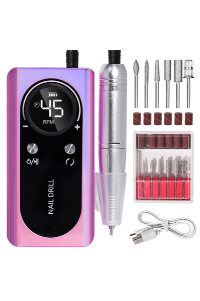 MOSKANY ماكينة حفر أظافر قابلة لإعادة الشحن أرجوانية اللون بسرعة 45000 دورة في الدقيقة مع شاشة LCD منخفضة الضوضاء وصنفرة طلاء أظافر احترافية N