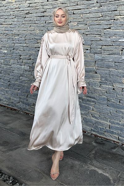 Ovn. Satin Dress with Sleeve Rubber Accessories - Beige