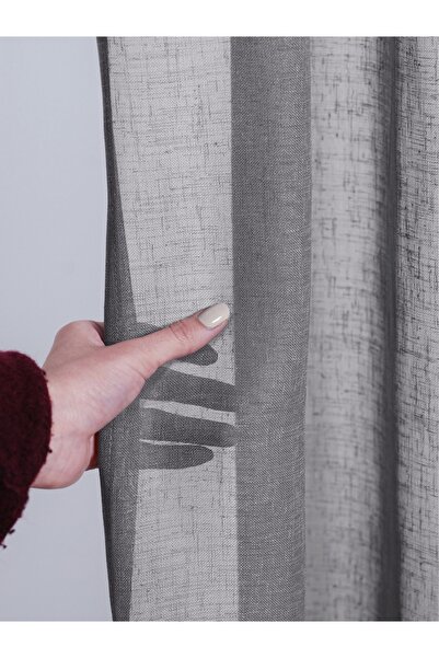 FAVOLLİ Gri Renk Keten Görünümlü Pileli Tül Perde Ütü Istemez