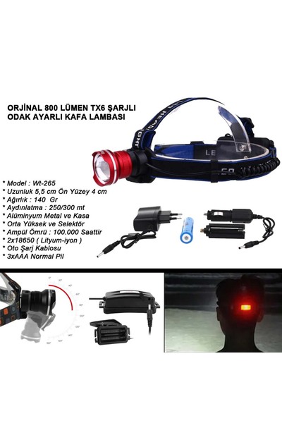 Watton Orjinal 800 Lümen T6 Şarjlı Kafa Feneri Wt-265