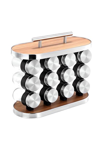 Teno Set 12 Recipiente Organizatoare pentru Condimente Teno®, suport din lemn, 12 borcane, maro