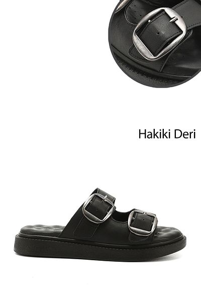 GÖNDERİ(R) Papuci confortabili din piele naturală cu cataramă neagră pentru femei/fete