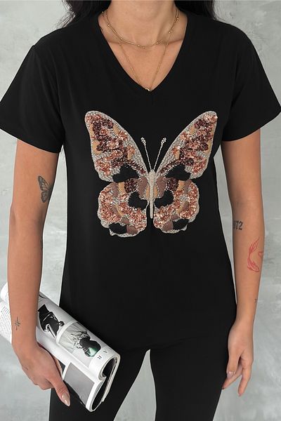 FEMELLE Tricou negru pentru femei, cu decolteu în V, cu paiete și broderie, 100% bumbac