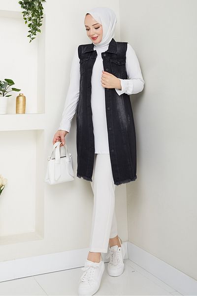 Bestenur Nesa Tasseled Denim Vest 1527 - Anthracite