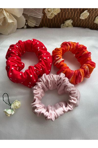 MELA ROSSA Hair Clip Red Patterned Powder Colored 3-Piece Fabric Elastic Hair Clip