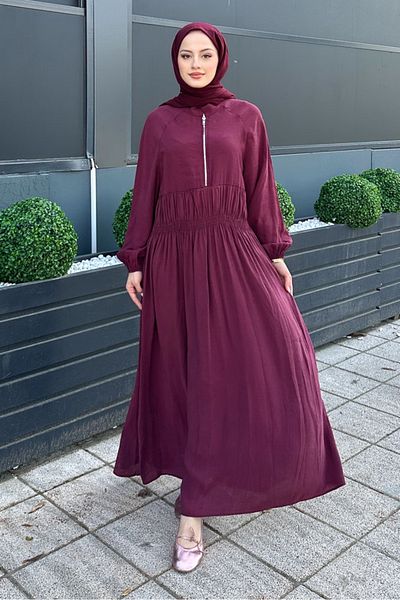 Ovn. Zippered Gathered Waist Modal Dress - Claret Red