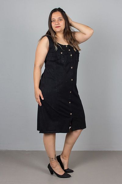 Truva XXL Plus Size Black Sleeveless Button Washed Cotton Dress