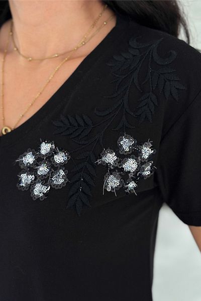 FEMELLE Tricou negru pentru femei, cu decolteu în V, cu paiete și broderie, 100% bumbac