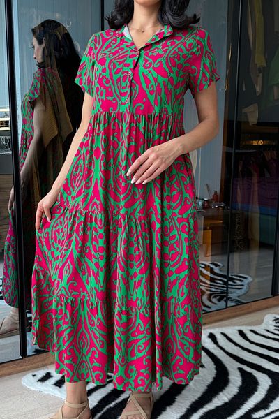 Ded COLLECTION Women's Dominant Collar Short Sleeve Buttoned Relaxed Cut Ethnic Patterned Flounced Long Summer Dress