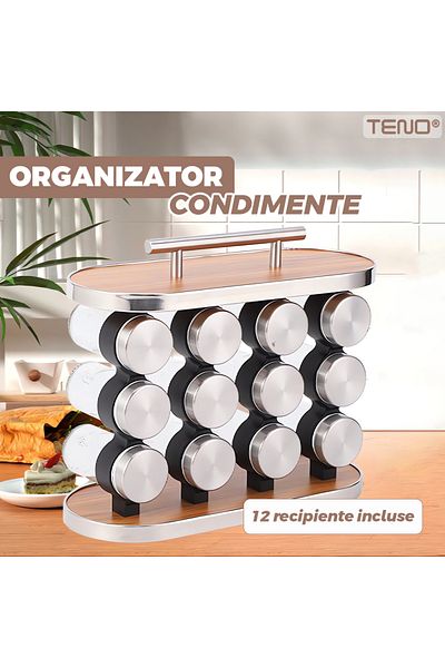 Teno Set 12 Recipiente Organizatoare pentru Condimente Teno®, suport din lemn, 12 borcane, maro