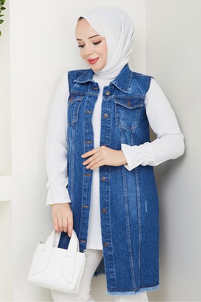 Bestenur Nesa Tasseled Denim Vest 1527 - Blue