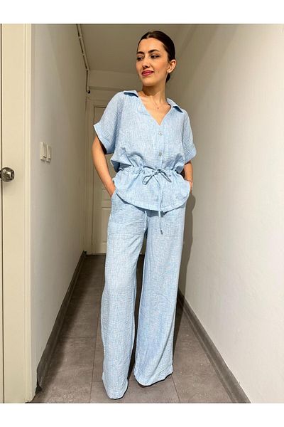 soBasic Beli Gather Detailed Short Sleeve Linen Bottom Top Set