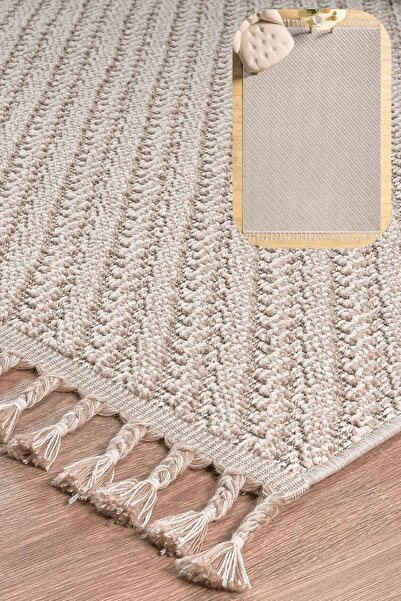 SANRUGS Home & Living Krem ve Ekru Renk Bukleli İskandinav Makine Dokuma Halı...