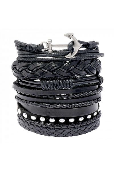OEM Set brățară, 6 piese, piele naturală, închidere reglabilă, piele împletită neagră cu ancoră
