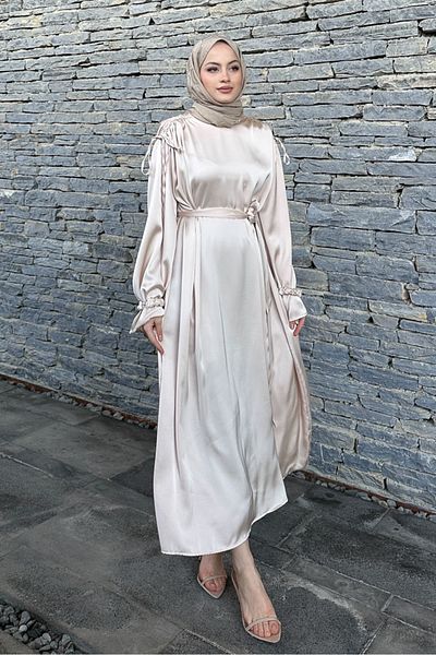 Ovn. Satin Dress with Sleeve Rubber Accessories - Beige