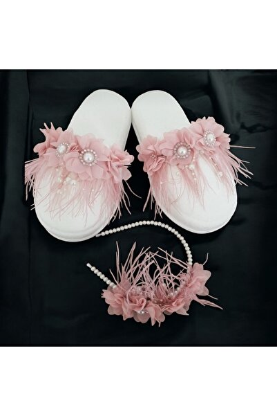 Massaltay Powder Floral Feather Maternity Slippers & Pearl Crown Set