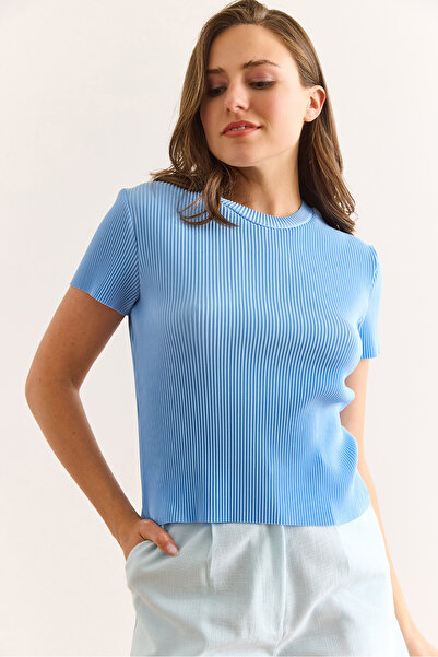 Olalook Bluză pliată cu mânecă scurtă, albastru bebeluș, pentru femei BLZ-19002892