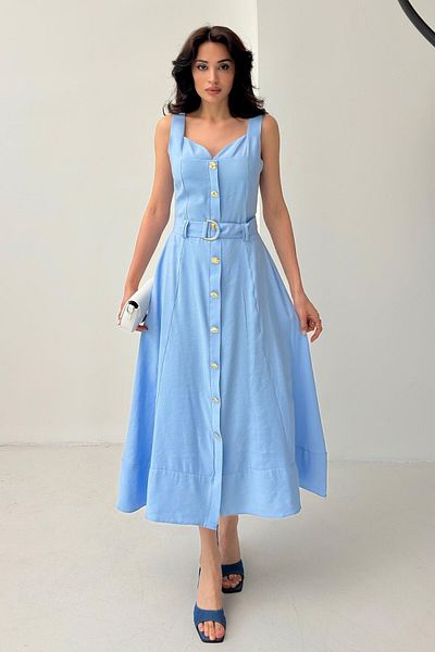 Serica Moda Baby Blue Strap Belt Detailed Buttoned Dress