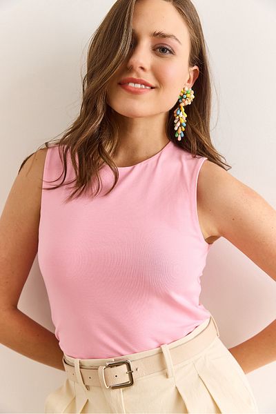 Olalook Women's Pink Front Double Layer Sleeveless Lycra Cotton T-Shirt Tsh-19000920