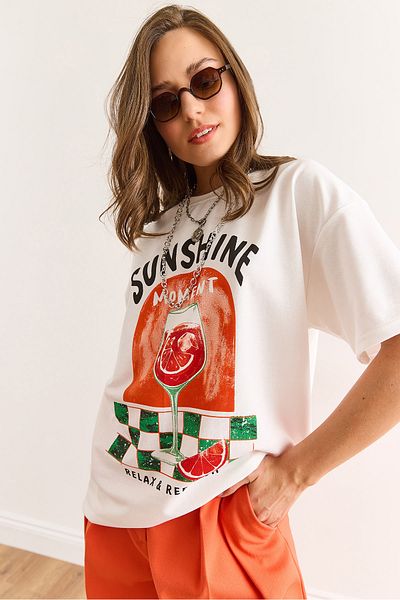 Olalook Women's Ecru Sunshine Printed Comfortable Fit T-Shirt Tsh-19000926