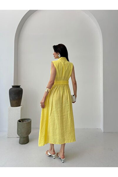 Serica Moda Sarı Kruvaze Yaka Düğmeli Yırtmaçlı Elbise