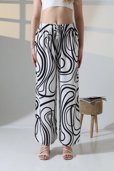 hazelin Women's White Patterned Elastic Waist Pocketless Loose Cut Viscose Trousers Hzl25S-Dsb17771