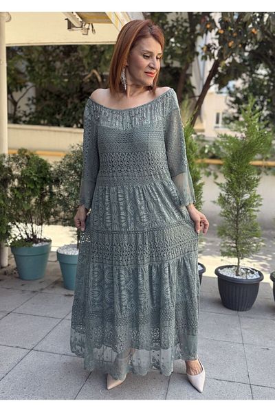 DenizEge Ιταλικό φόρεμα με λεπτομέρεια από γούπερ με παγιέτες χακί