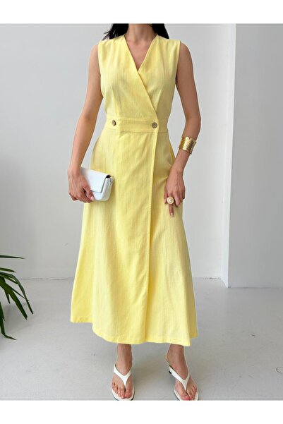 Serica Moda Yellow Double Breasted Cutout Sleeveless Long Linen Dress