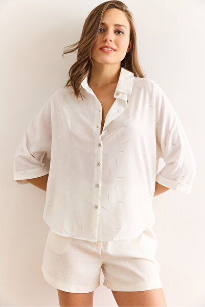 Olalook Cămașă lungă și drapată pentru femei, albă, argintie, imprimată în față, scurtă, spate GML-19001352