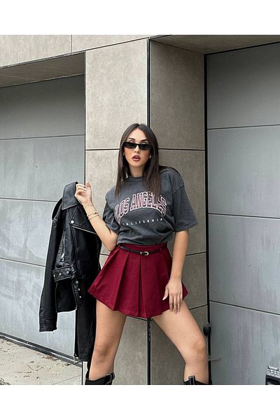 Butik Belt Detailed Pleated Double Fabric Shorts Skirt