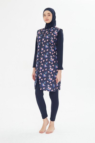 Fantasy Full Covered Vest Patterned Parachute Fabric Hijab Swimsuit Navy Blue 3474-L