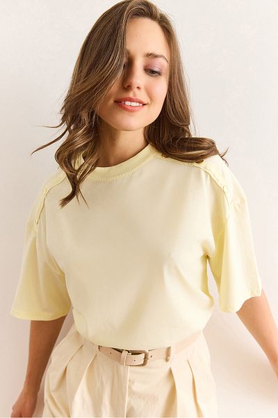Olalook Women's Light Yellow Shoulder Gold Button Cotton T-Shirt Tsh-19000763
