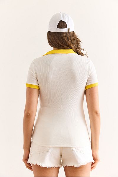 Olalook Women's Ecru Yellow Polo Neck Color Detailed Flexible Cotton Blouse Blz-19002920