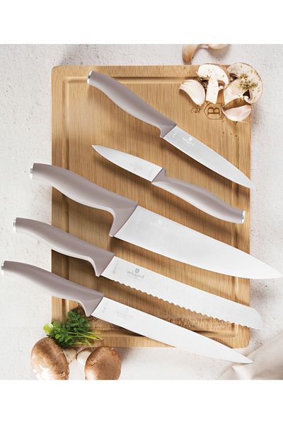 Berlinger Haus Knife Set With Cutting Board 6 Pcs Taupe Collection | Stainless Steel Laser Sharp | Dishwasher