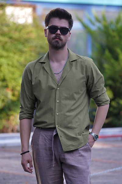 Etikmen Ανδρικό πουκάμισο με λινό χακί Apaj Collar Relax Fit
