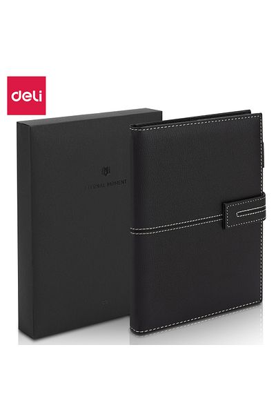 Deli En139l-bk Leather Cover Notebook A5/120 Sheets Black – Ideal For Business, Office & Study