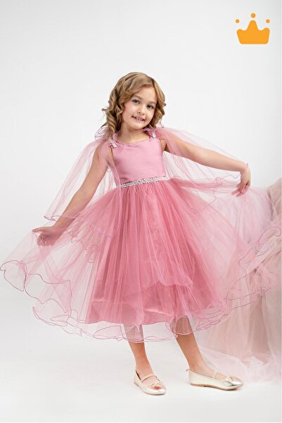 MİNİMONY Minimony 5-9 Yaş Pelerin Kol Detaylı Kız Çocuk Tam Boy Elbise Bayramlık Mezuniyet Balo Abiye Gelinli