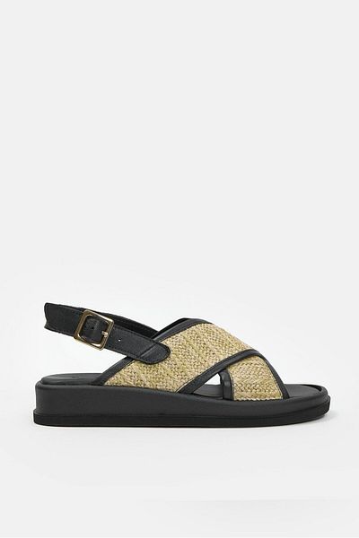NILUFARR Honey Black Genuine Leather Straw Strap Women's Sandals