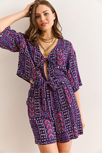 Olalook Women's Ethnic Purple Top Blouse Bottom Pocket Shorts Woven Viscose Suit Tkm-19000393