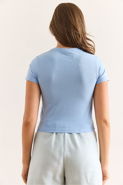 Olalook Tricou de damă din bumbac lycra cu broderie inimă albastră TSH-19000918
