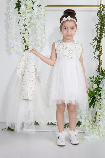 MİNİMONY Girls Floral Jacquard Bolero Eid Evening Dress Set of 2 Ecru 2007