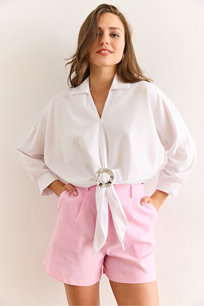 Olalook Γυναικείο λευκό πουκάμισο με αξεσουάρ μπροστά γιακά μπλούζα BLZ-19003016